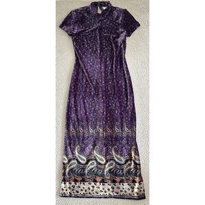 Vintage 90s Y2K Velvet Cheongsam Asian Dress Stretch Paisley Floral Animal
